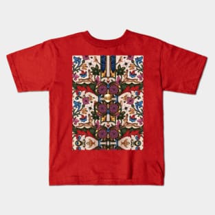 RABBITS RUNNING AMONG PINK PURPLE GOLD FLOWERS Medieval  Floral Pattern Kids T-Shirt